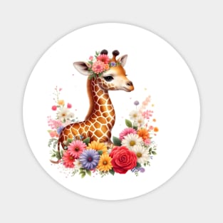 A baby giraffe decorated with beautiful colorful flowers. Magnet